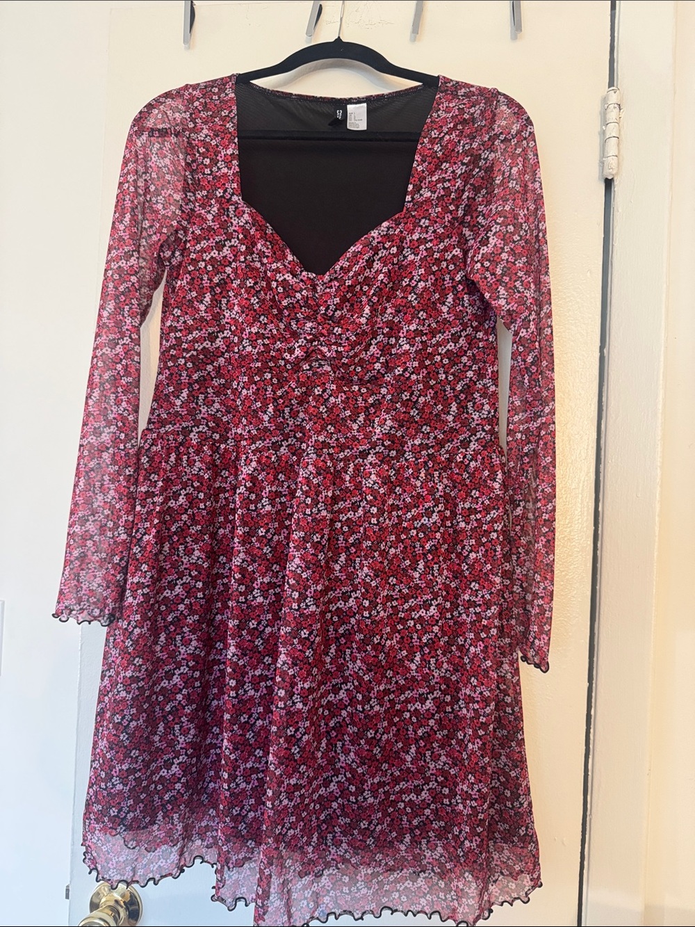 Divided Burgundy Floral Long-Sleeve Mesh Dress